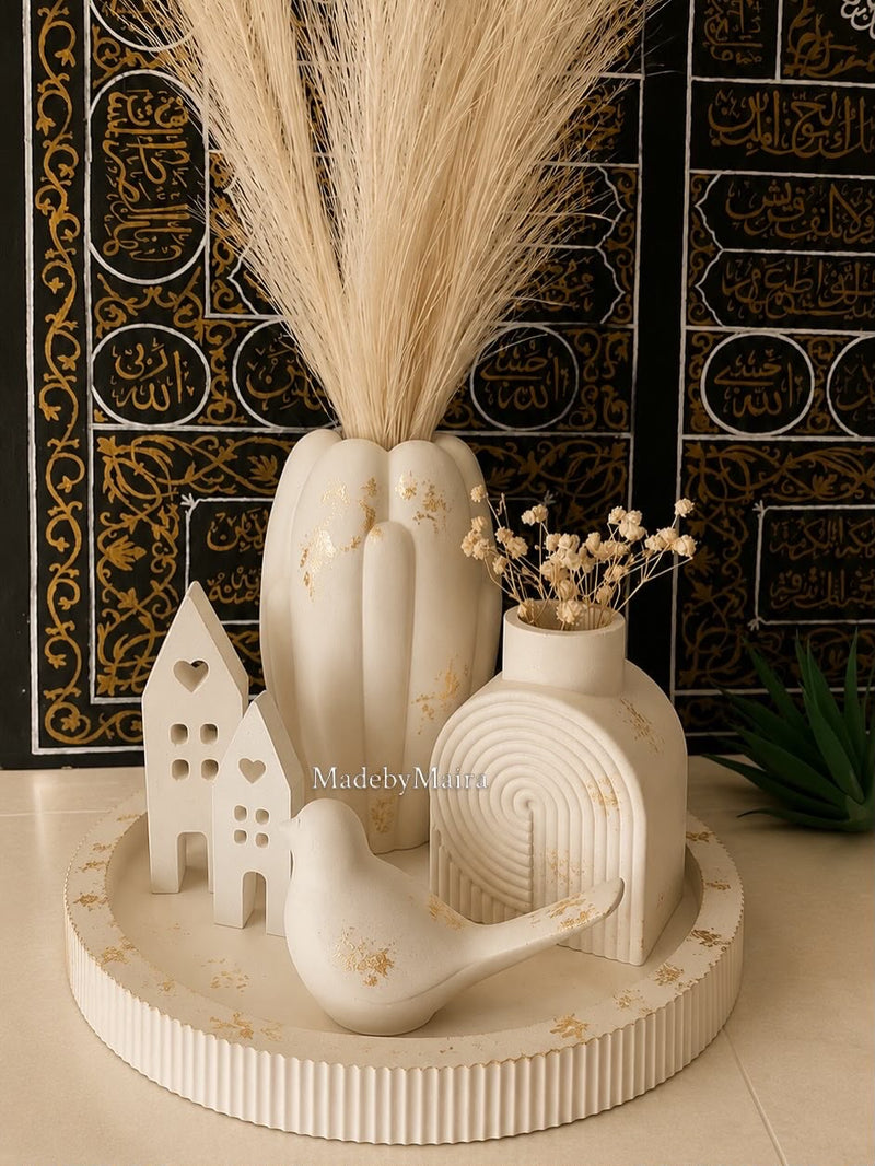 Handcrafted Cream & Gold Foil Resin Decor Tray Set with Vases and Figurines — Designed by Maira