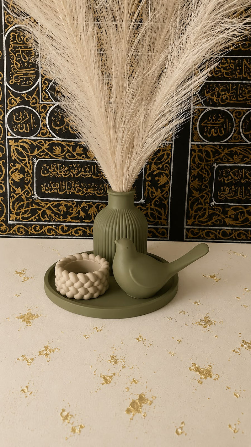 Minimalist Sage Green Resin Decor Tray Set with Vase, Bird Figurine & Woven Holder — Designed by Maira