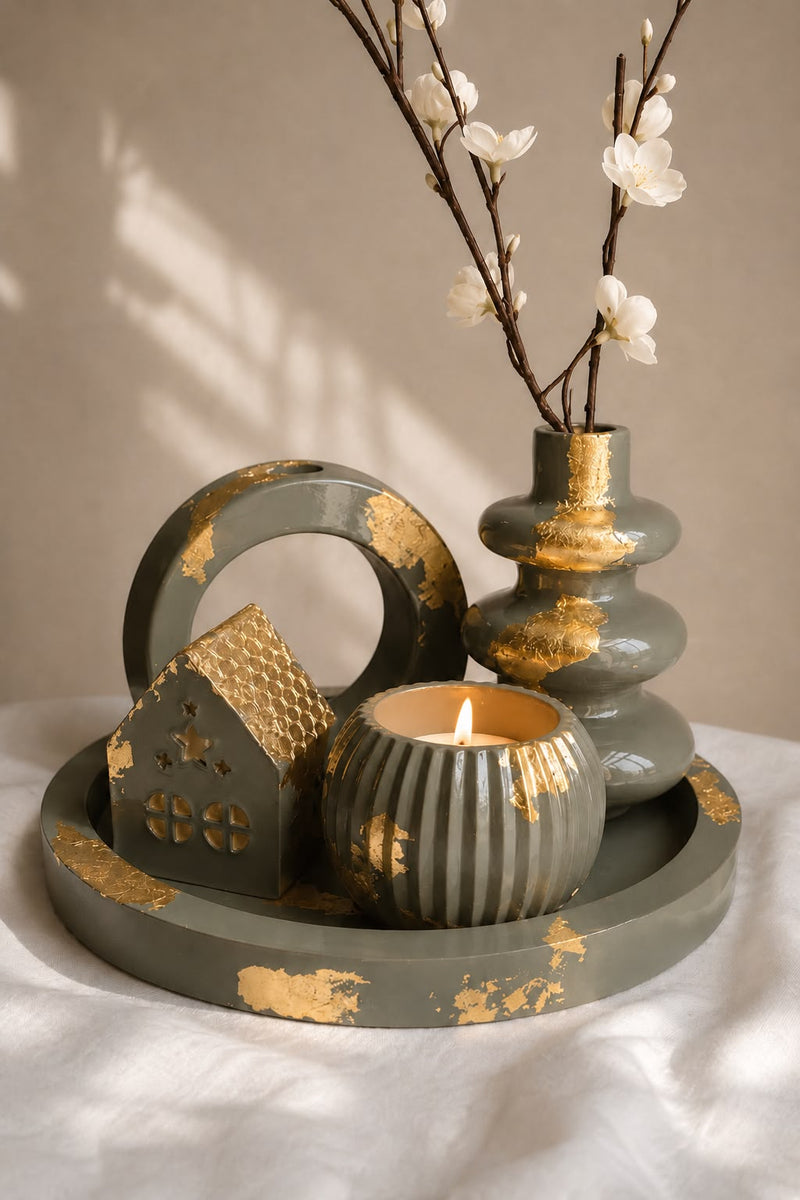 Handcrafted Grey & Gold Foil Resin Decor Tray Set with Candle Holder & House — Designed by Maira