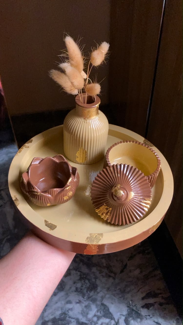 Handcrafted Beige & Brown Resin Decor Tray Set with Gold Foil Accents — Designed by Maira
