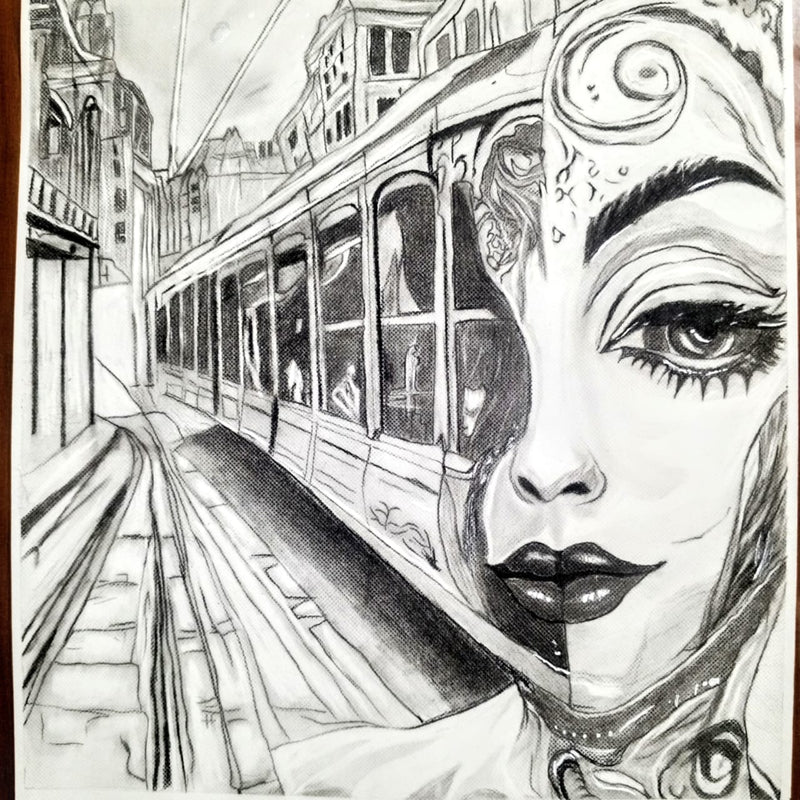 Urban Reverie – Original Surrealist Charcoal & Graphite Sketch by Artist Dayyan