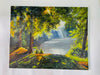 Zainab Usmani Original Acrylic Painting of Misty Forest & River Landscape | Vibrant Sunburst Wall Art
