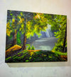 Zainab Usmani Original Acrylic Painting of Misty Forest & River Landscape | Vibrant Sunburst Wall Art