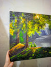 Zainab Usmani Original Acrylic Painting of Misty Forest & River Landscape | Vibrant Sunburst Wall Art