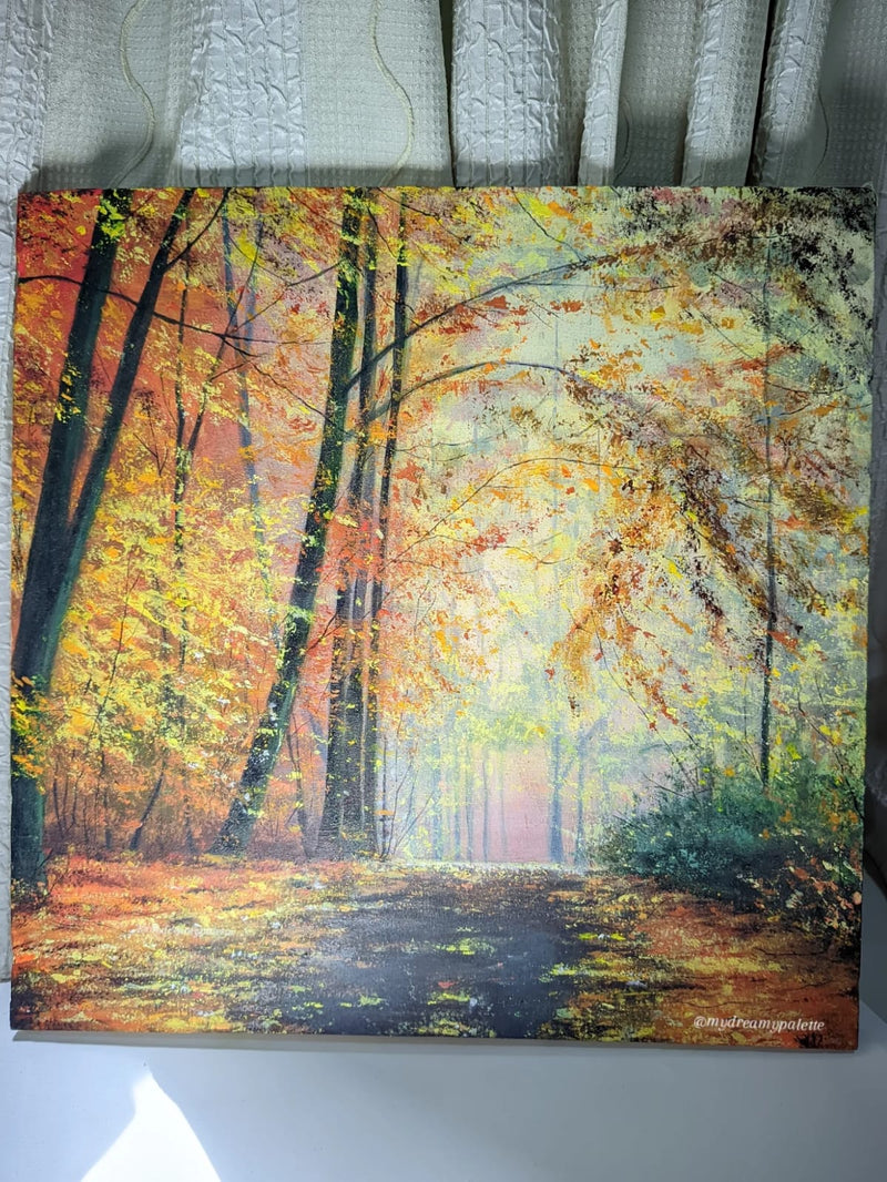 "Misty Gold Path" Hand-Painted Acrylic Painting | Autumn Woodland Forest Wall Art | Golden Yellow Decor