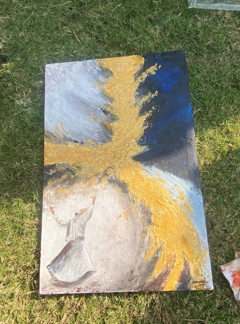 Zainab Usmani Original Whirling Dervish Acrylic Painting | Textured Gold Leaf Sufi Wall Art