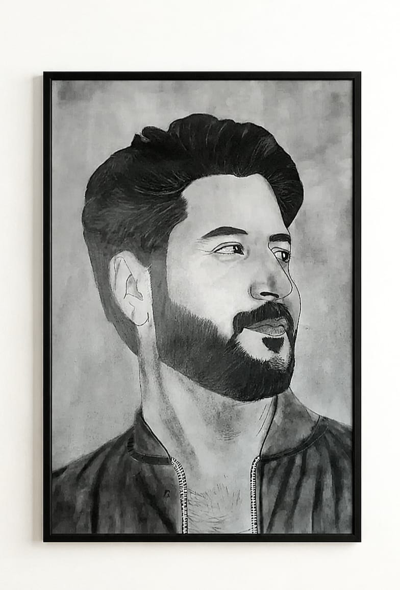 Custom Framed Beard Portrait – Hand-Drawn Charcoal & Graphite Sketch