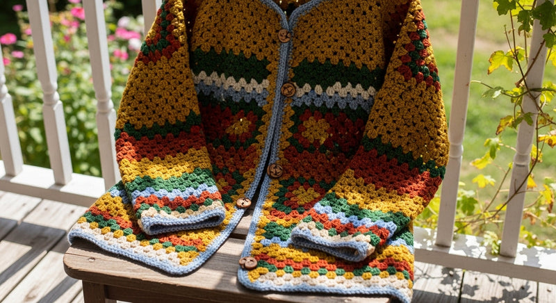Handmade Artisan Patchwork Granny Square Crochet Cardigan