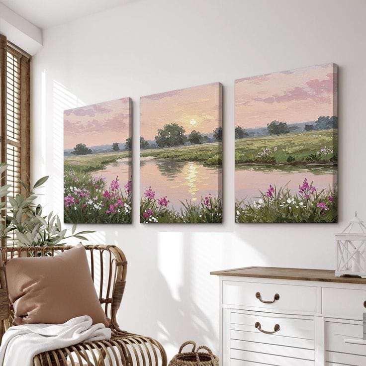 Soft Sunset River Reflection – 3 Piece Impressionist Meadow Wall Art Set (16x24 in)