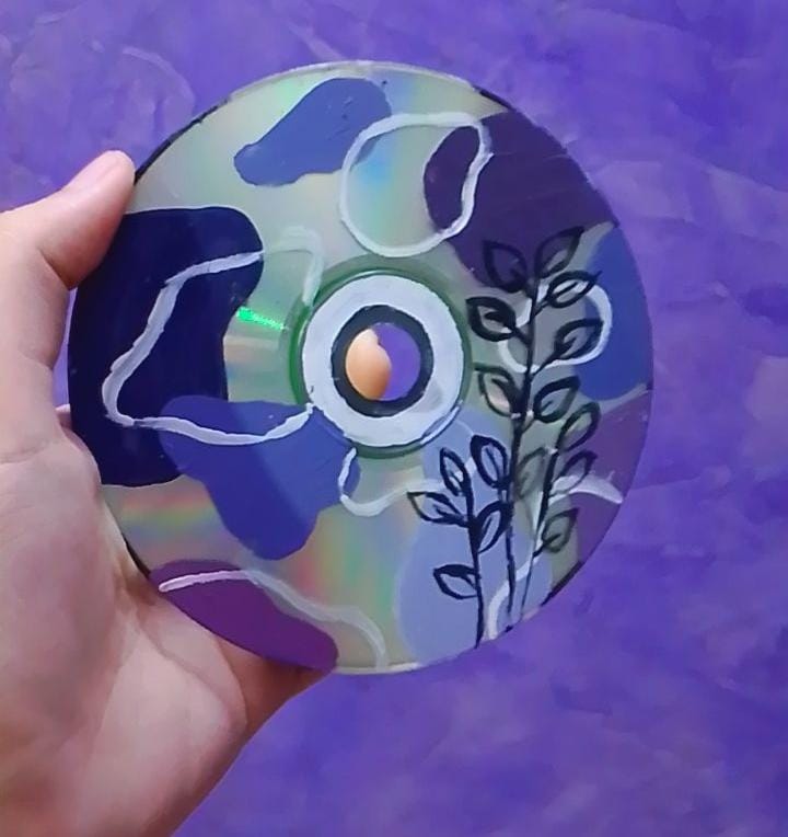 Upcycled Hand-Painted CD Art — Blue Botanical Design