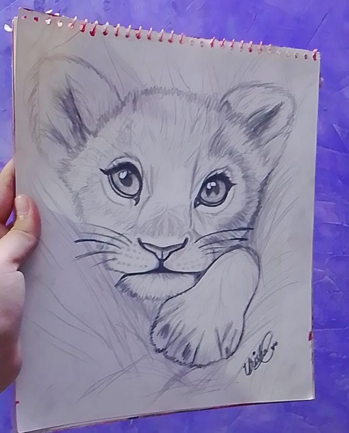 Hand-Drawn Realistic Lion Cub Portrait — Graphite Pencil Sketch
